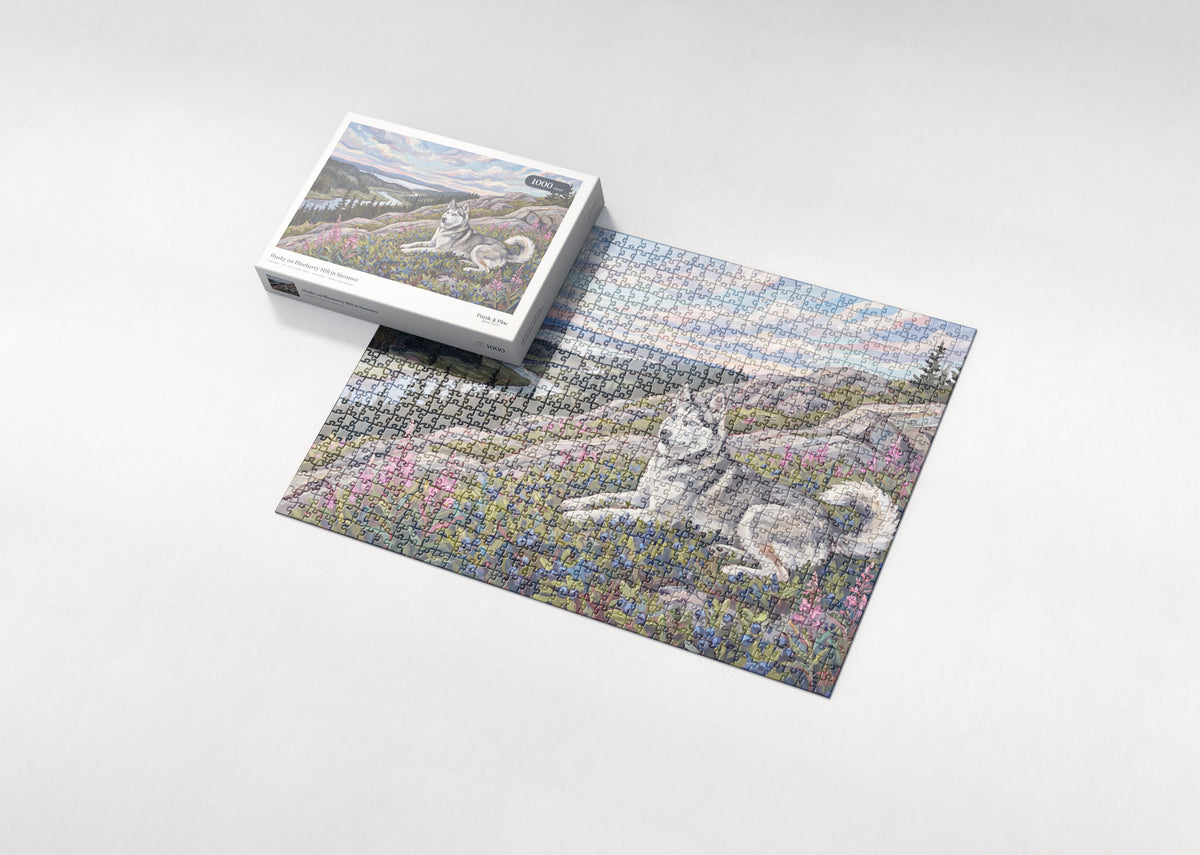 Husky on Blueberry Hill in Summer jigsaw puzzle - box and puzzle