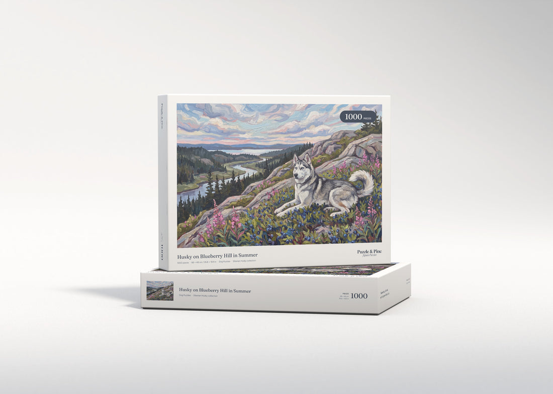 Husky on Blueberry Hill in Summer jigsaw puzzle - gift box