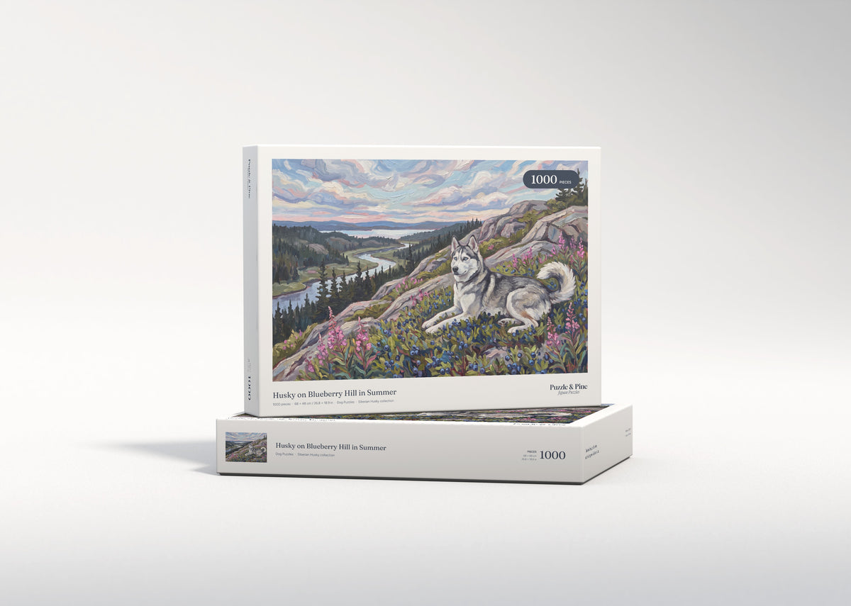 Husky on Blueberry Hill in Summer jigsaw puzzle - gift box