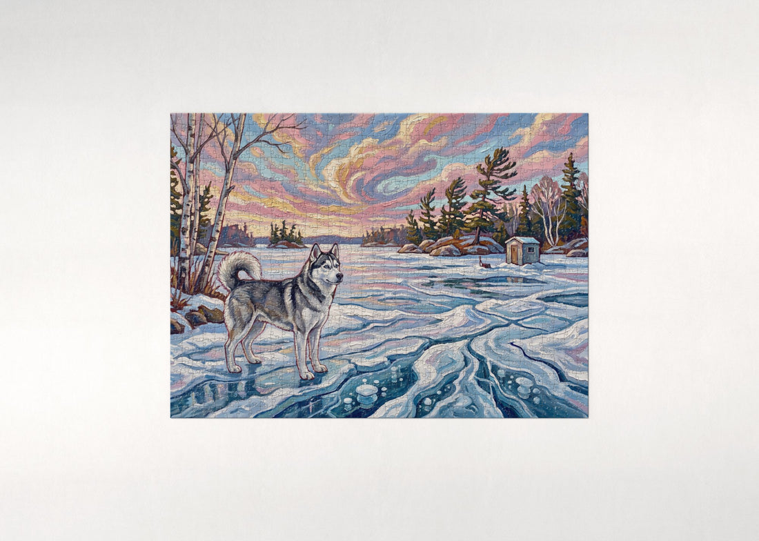 Husky on the Frozen Lake at Morning jigsaw puzzle - gift box