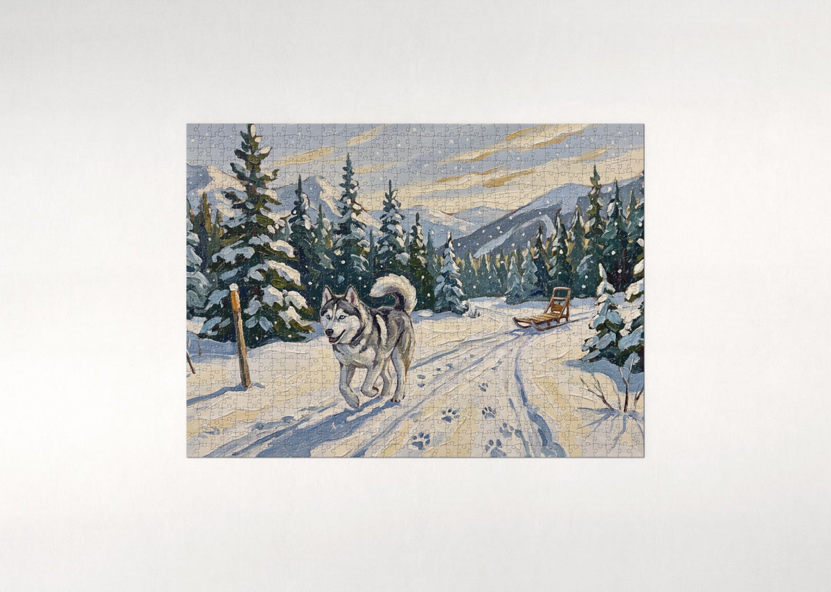 Husky on the Sled Trail Through the Pines jigsaw puzzle - flat puzzle