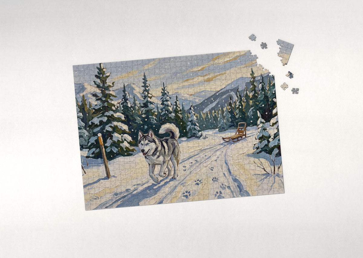 Husky on the Sled Trail Through the Pines jigsaw puzzle - puzzle with loose pieces