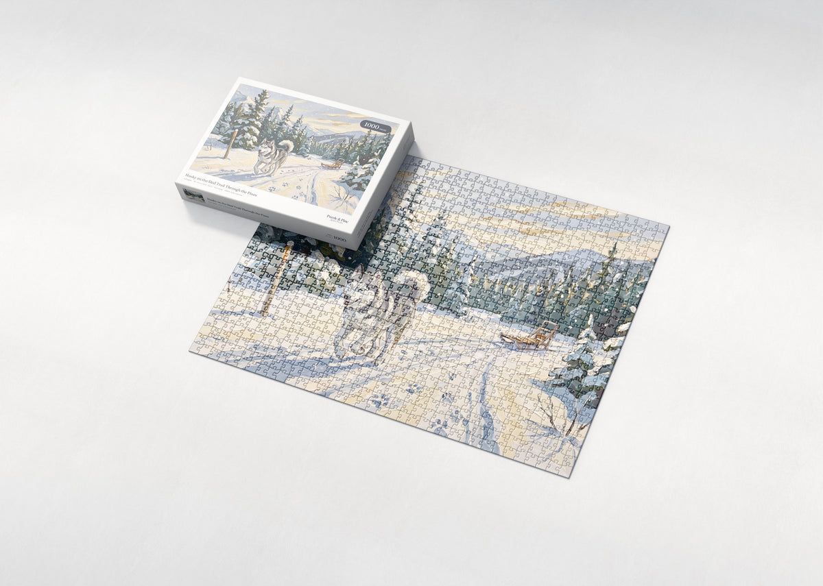 Husky on the Sled Trail Through the Pines jigsaw puzzle - box and puzzle