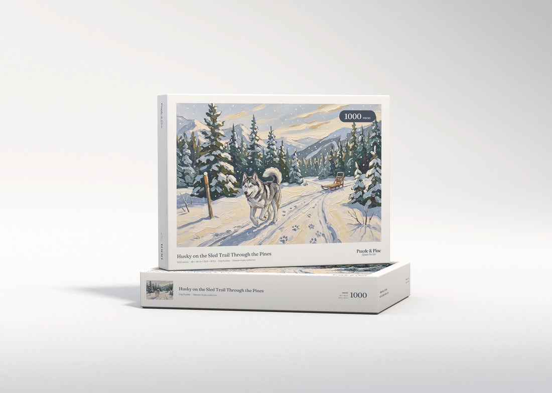 Husky on the Sled Trail Through the Pines jigsaw puzzle - gift box