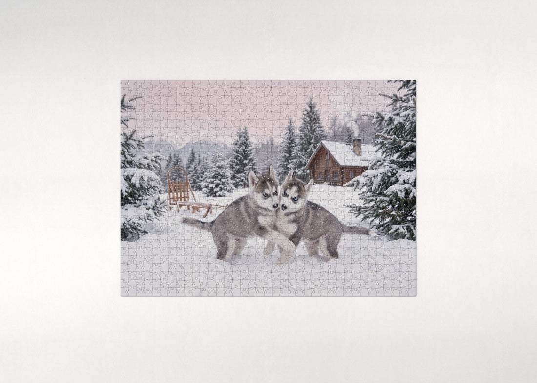 Husky Puppies in the First Snow jigsaw puzzle - gift box