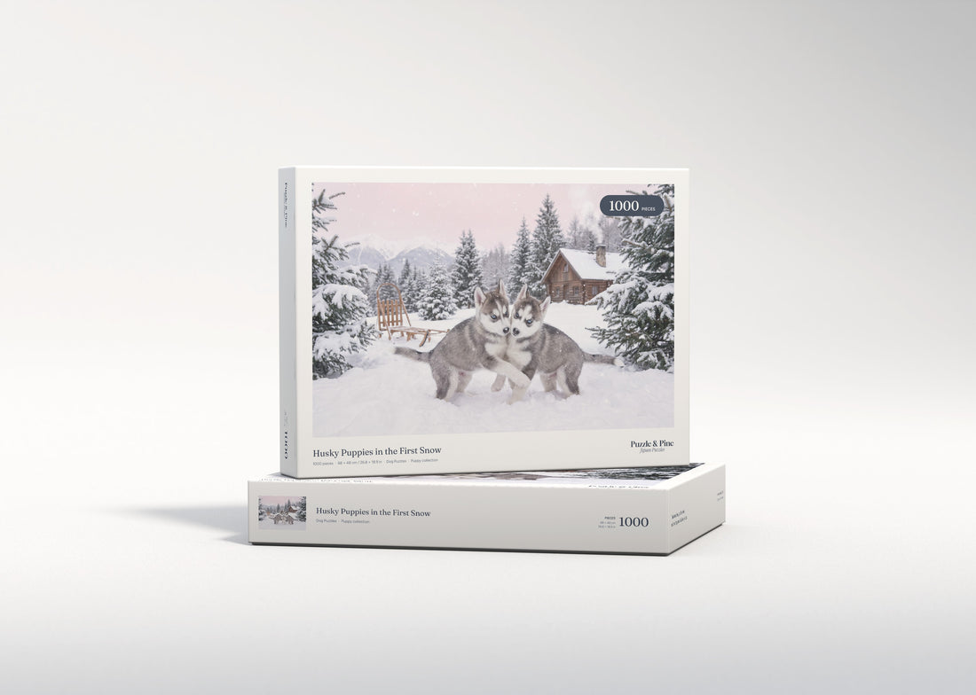 Husky Puppies in the First Snow jigsaw puzzle - gift box