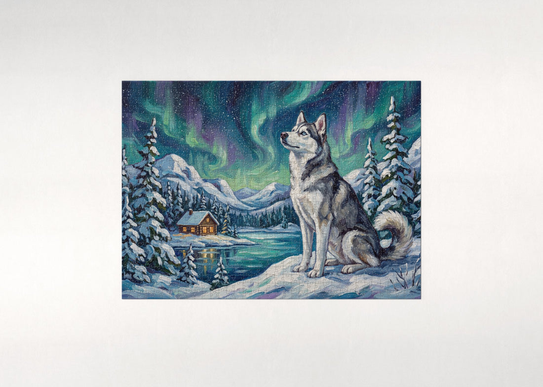 Husky Under the Northern Lights jigsaw puzzle - gift box
