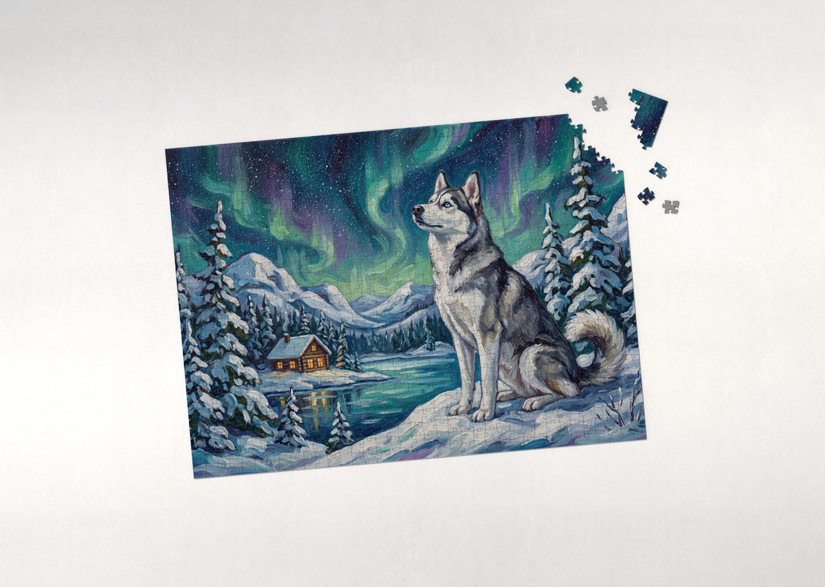 Husky Under the Northern Lights jigsaw puzzle - puzzle with loose pieces