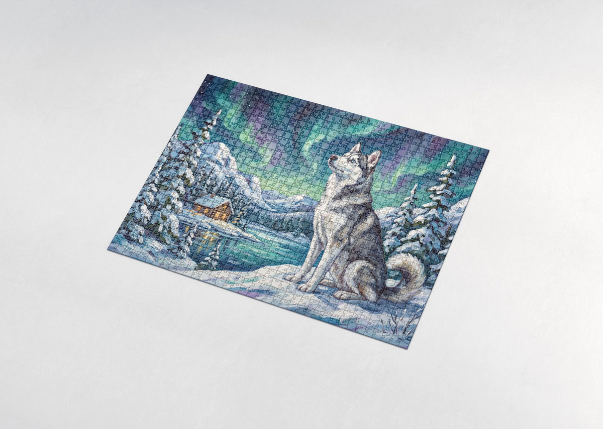 Husky Under the Northern Lights jigsaw puzzle - assembled puzzle