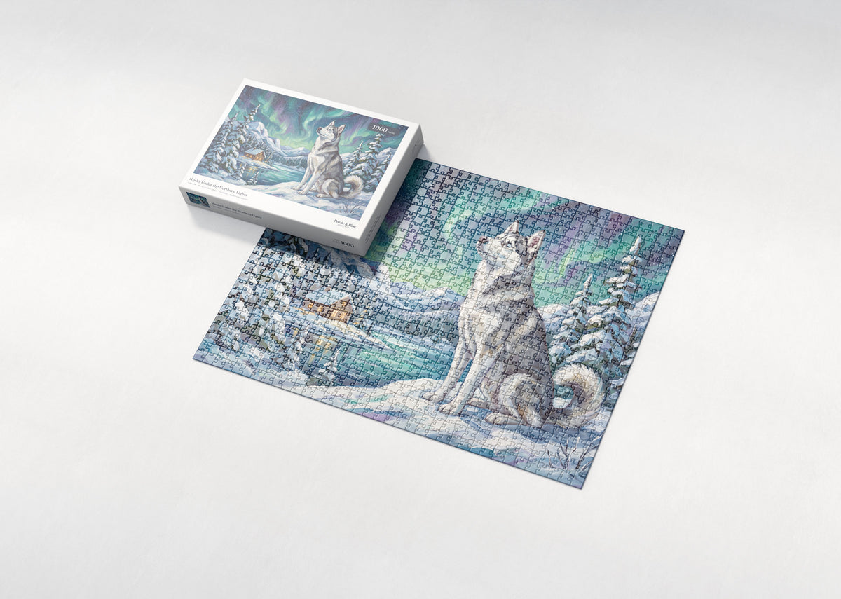 Husky Under the Northern Lights jigsaw puzzle - box and puzzle