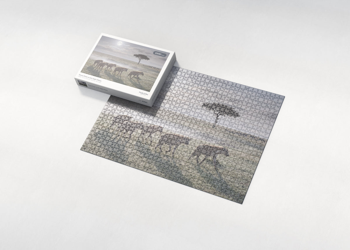 Hyena Pack on the Night Plains jigsaw puzzle - box and puzzle