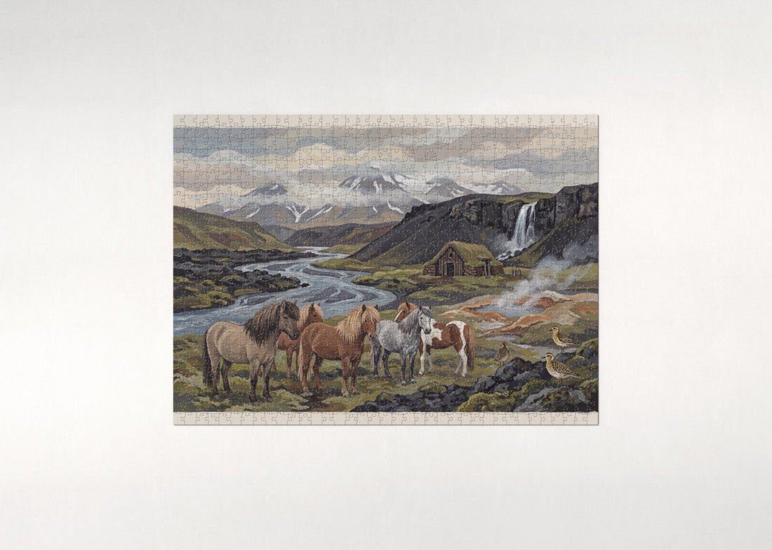 Icelandic Horses in the Volcanic Valley jigsaw puzzle - gift box