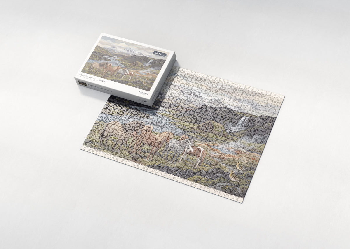 Icelandic Horses in the Volcanic Valley jigsaw puzzle - box and puzzle