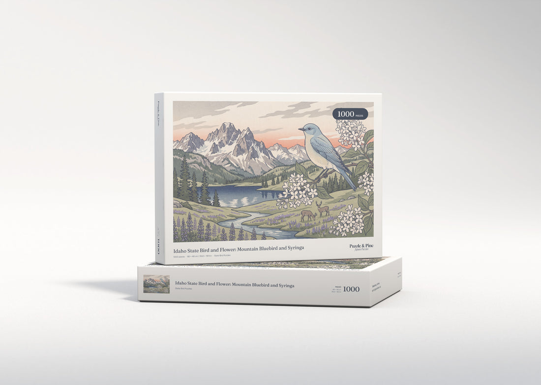Idaho State Bird and Flower: Mountain Bluebird and Syringa jigsaw puzzle - gift box