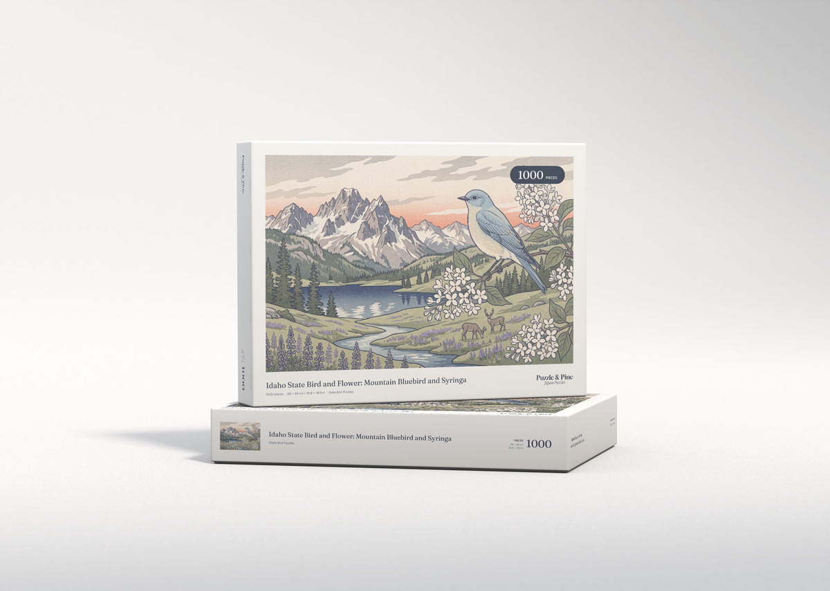 Idaho State Bird and Flower: Mountain Bluebird and Syringa jigsaw puzzle - gift box