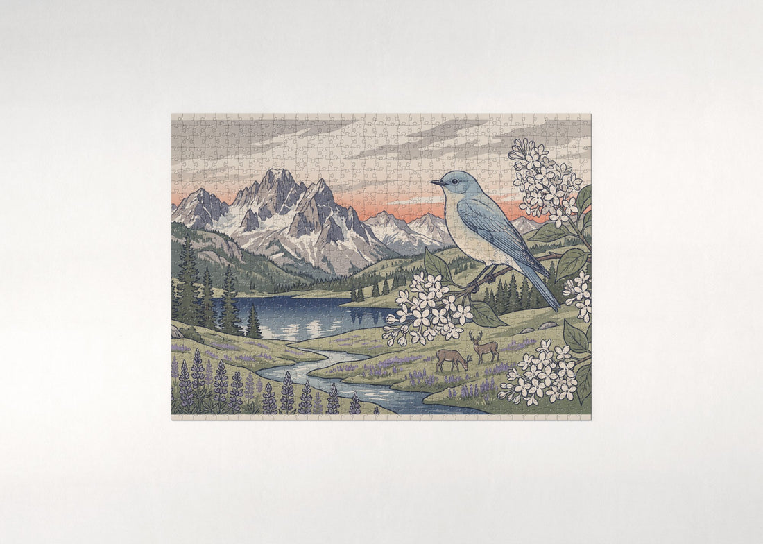 Idaho State Bird and Flower: Mountain Bluebird and Syringa jigsaw puzzle - gift box
