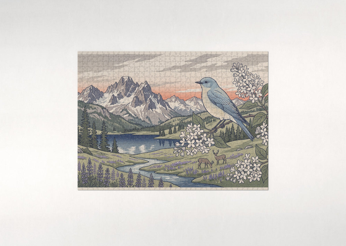 Idaho State Bird and Flower: Mountain Bluebird and Syringa jigsaw puzzle - flat puzzle