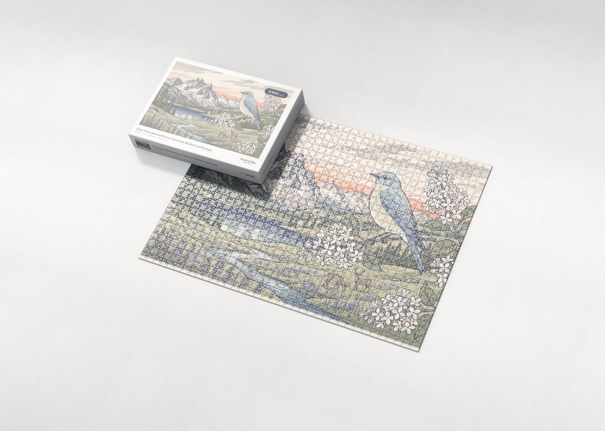 Idaho State Bird and Flower: Mountain Bluebird and Syringa jigsaw puzzle - box and puzzle