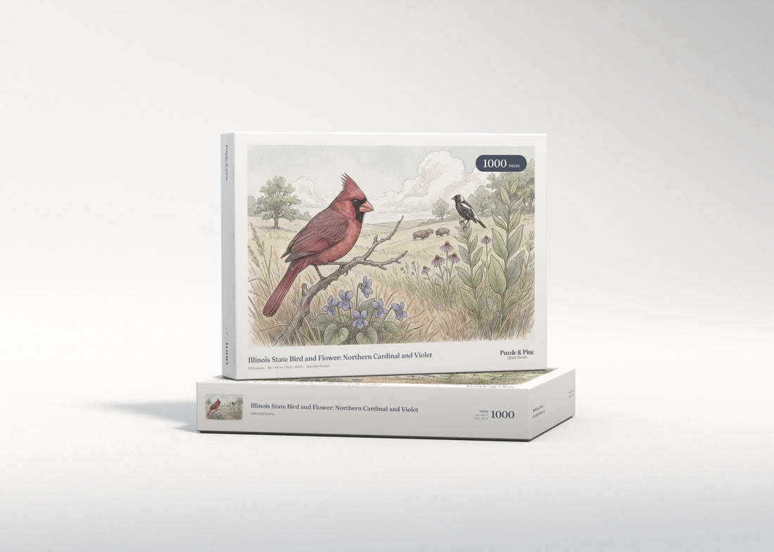 Illinois State Bird and Flower: Northern Cardinal and Violet jigsaw puzzle - gift box