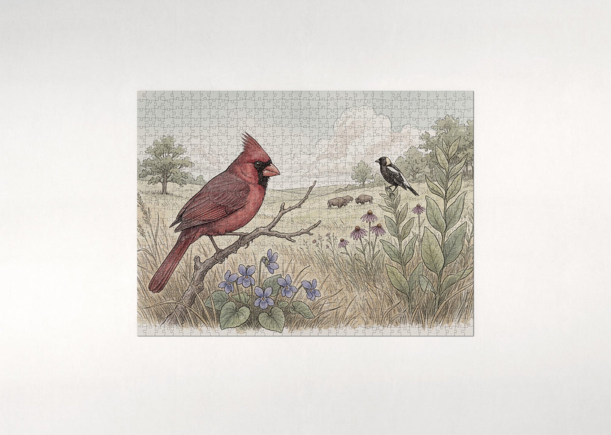 Illinois State Bird and Flower: Northern Cardinal and Violet jigsaw puzzle - flat puzzle