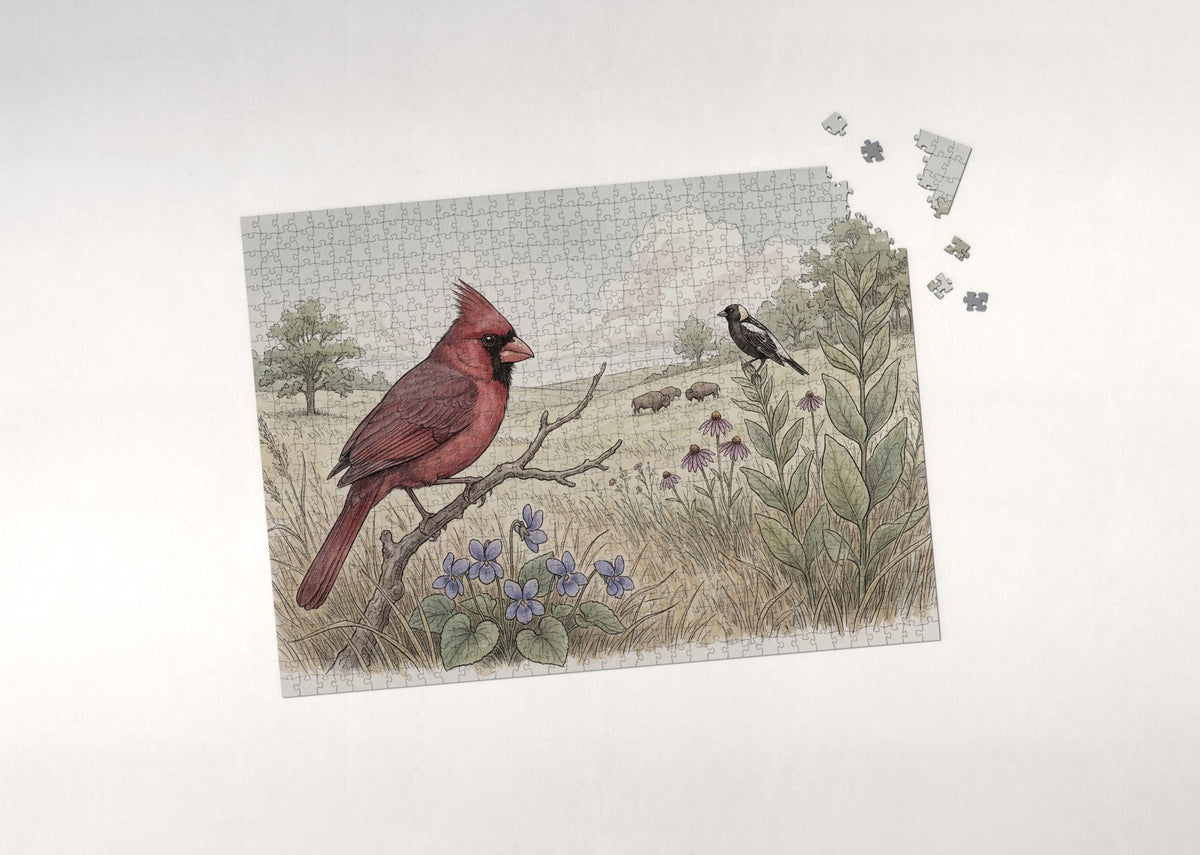 Illinois State Bird and Flower: Northern Cardinal and Violet jigsaw puzzle - puzzle with loose pieces
