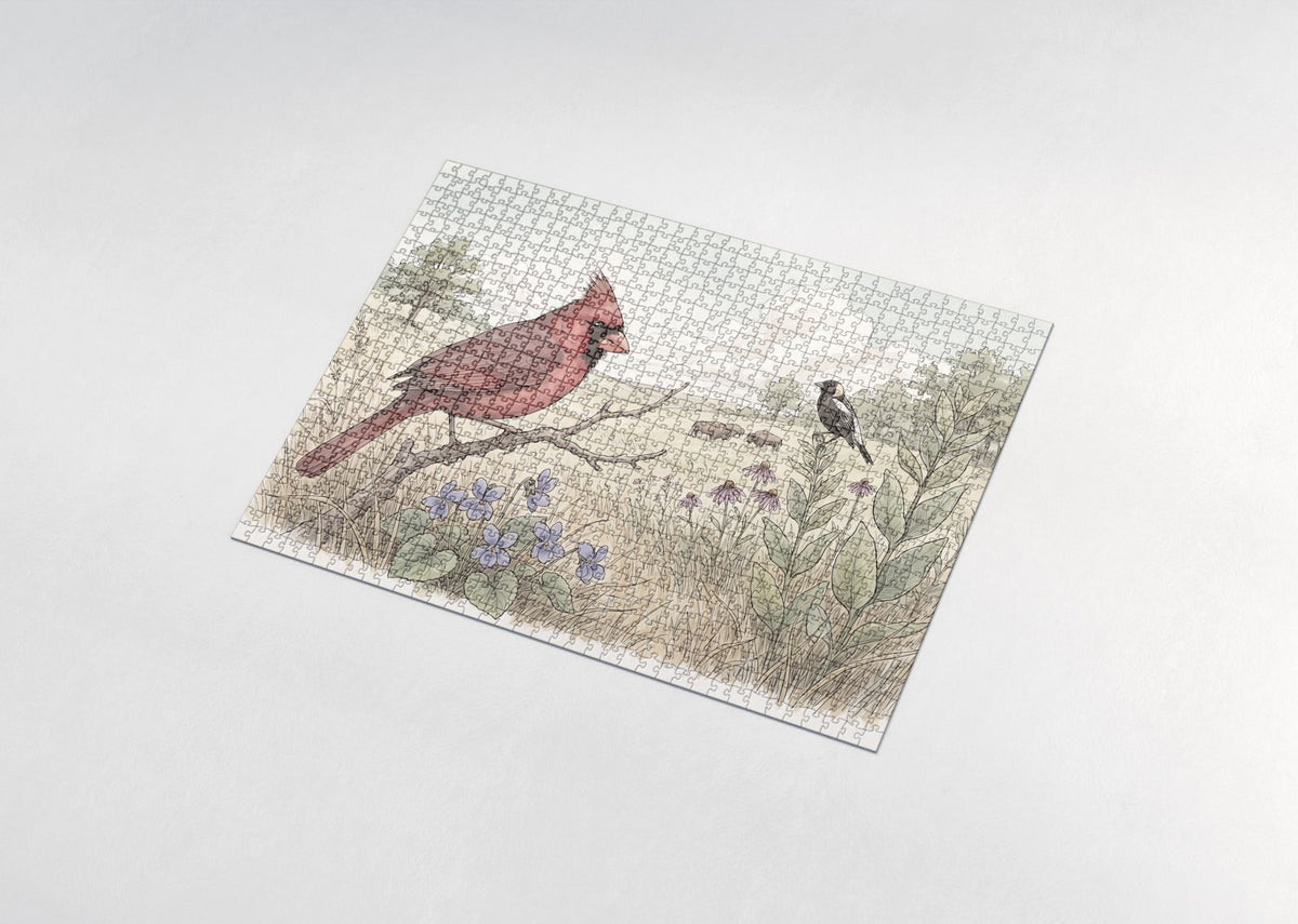 Illinois State Bird and Flower: Northern Cardinal and Violet jigsaw puzzle - assembled puzzle