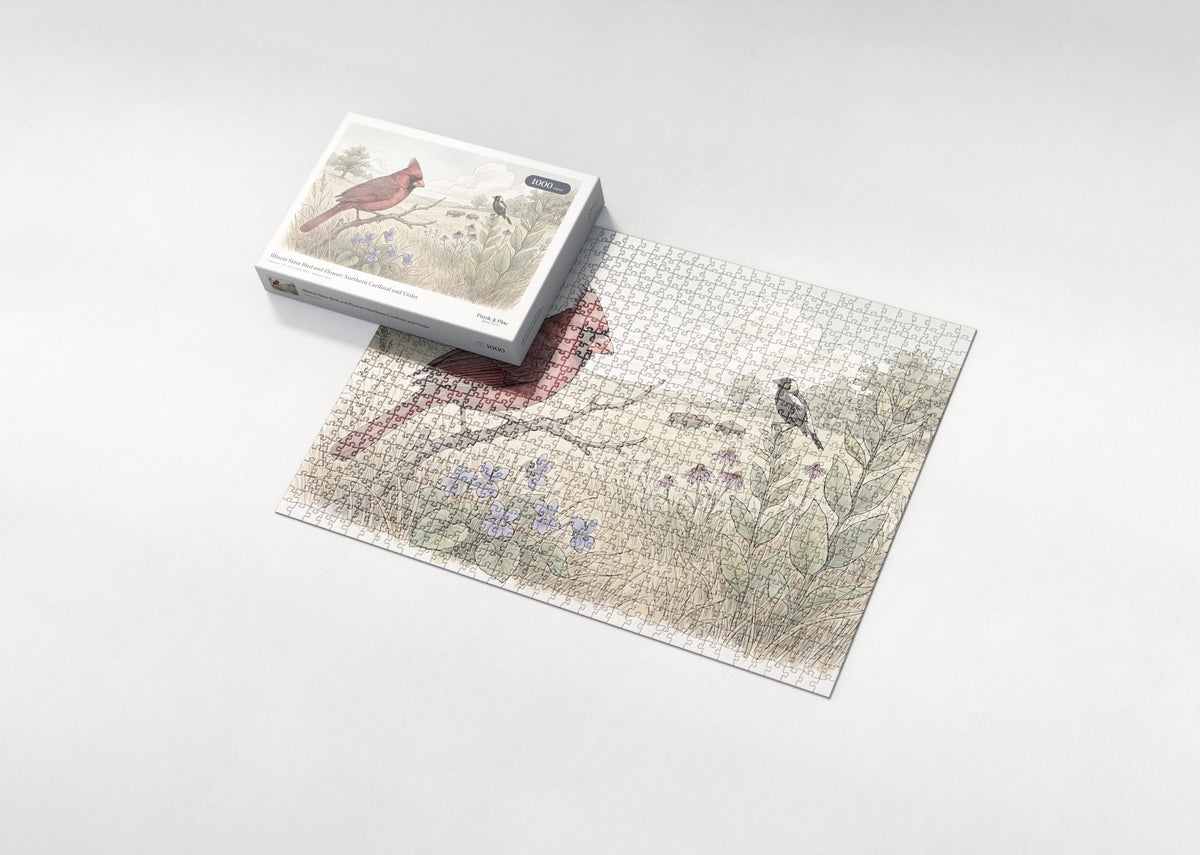 Illinois State Bird and Flower: Northern Cardinal and Violet jigsaw puzzle - box and puzzle