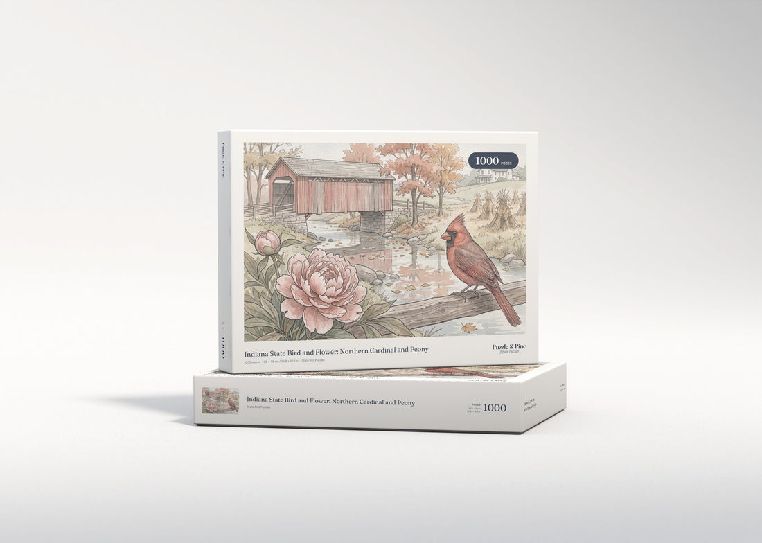 Indiana State Bird and Flower: Northern Cardinal and Peony jigsaw puzzle - gift box