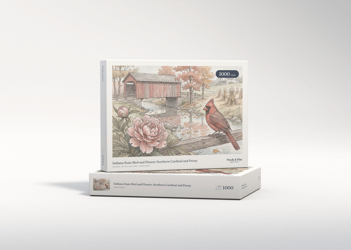 Indiana State Bird and Flower: Northern Cardinal and Peony jigsaw puzzle - gift box