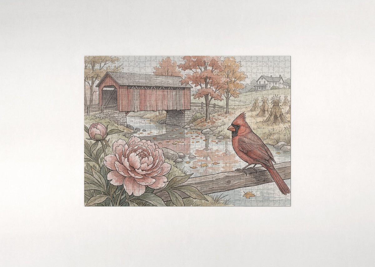 Indiana State Bird and Flower: Northern Cardinal and Peony jigsaw puzzle - flat puzzle