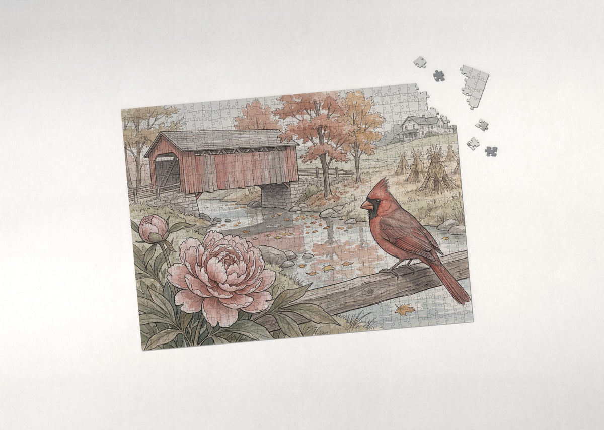 Indiana State Bird and Flower: Northern Cardinal and Peony jigsaw puzzle - puzzle with loose pieces