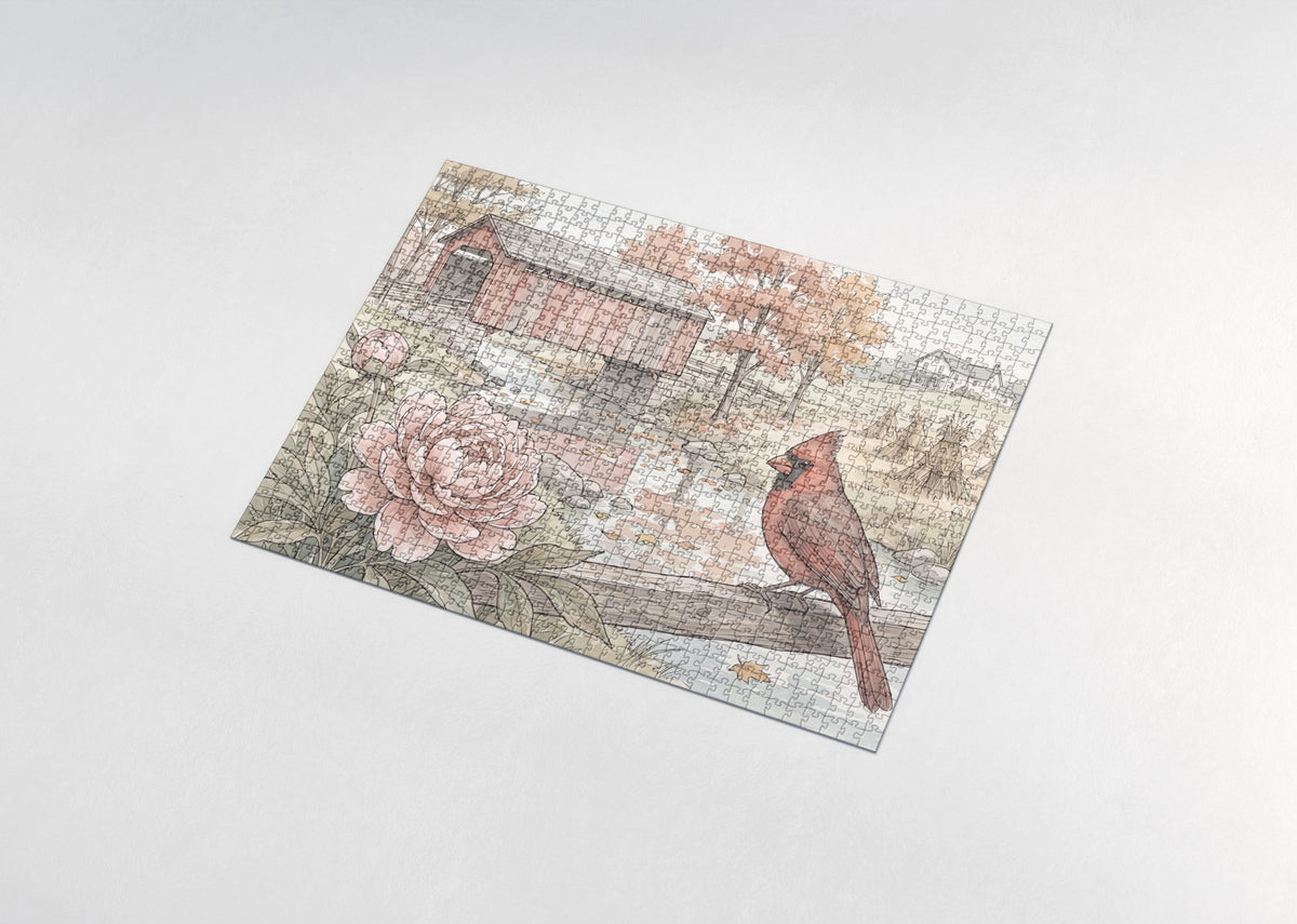 Indiana State Bird and Flower: Northern Cardinal and Peony jigsaw puzzle - assembled puzzle