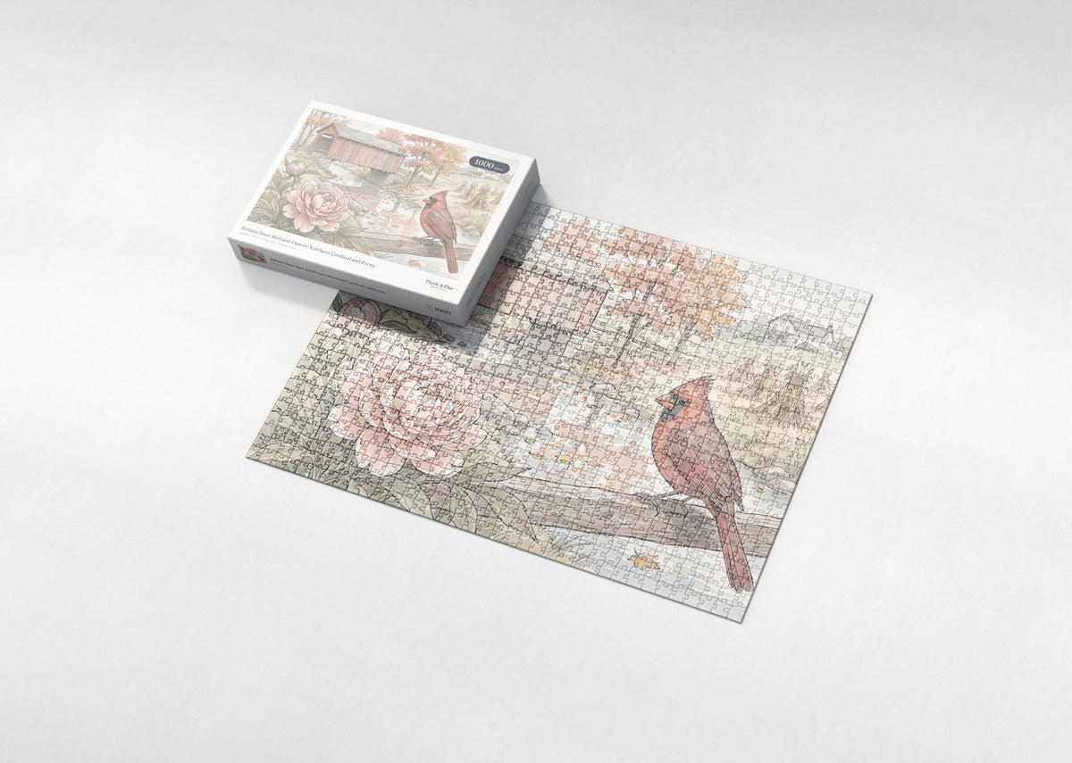 Indiana State Bird and Flower: Northern Cardinal and Peony jigsaw puzzle - box and puzzle