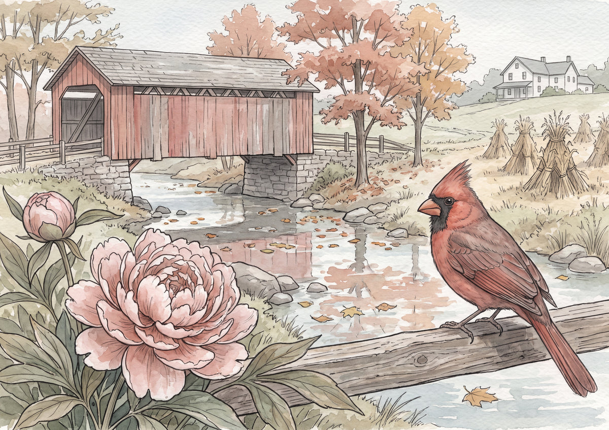 Indiana State Bird and Flower: Northern Cardinal and Peony jigsaw puzzle