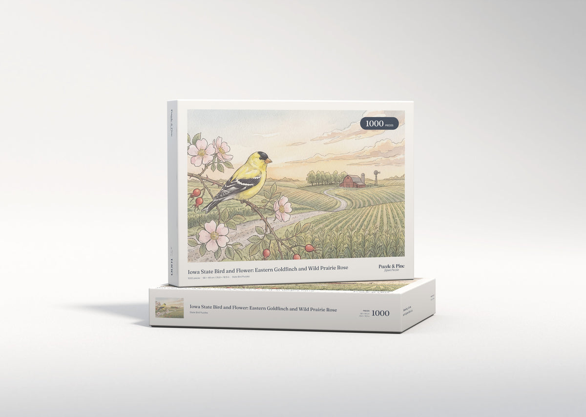 Iowa State Bird and Flower: Eastern Goldfinch and Wild Prairie Rose jigsaw puzzle - gift box