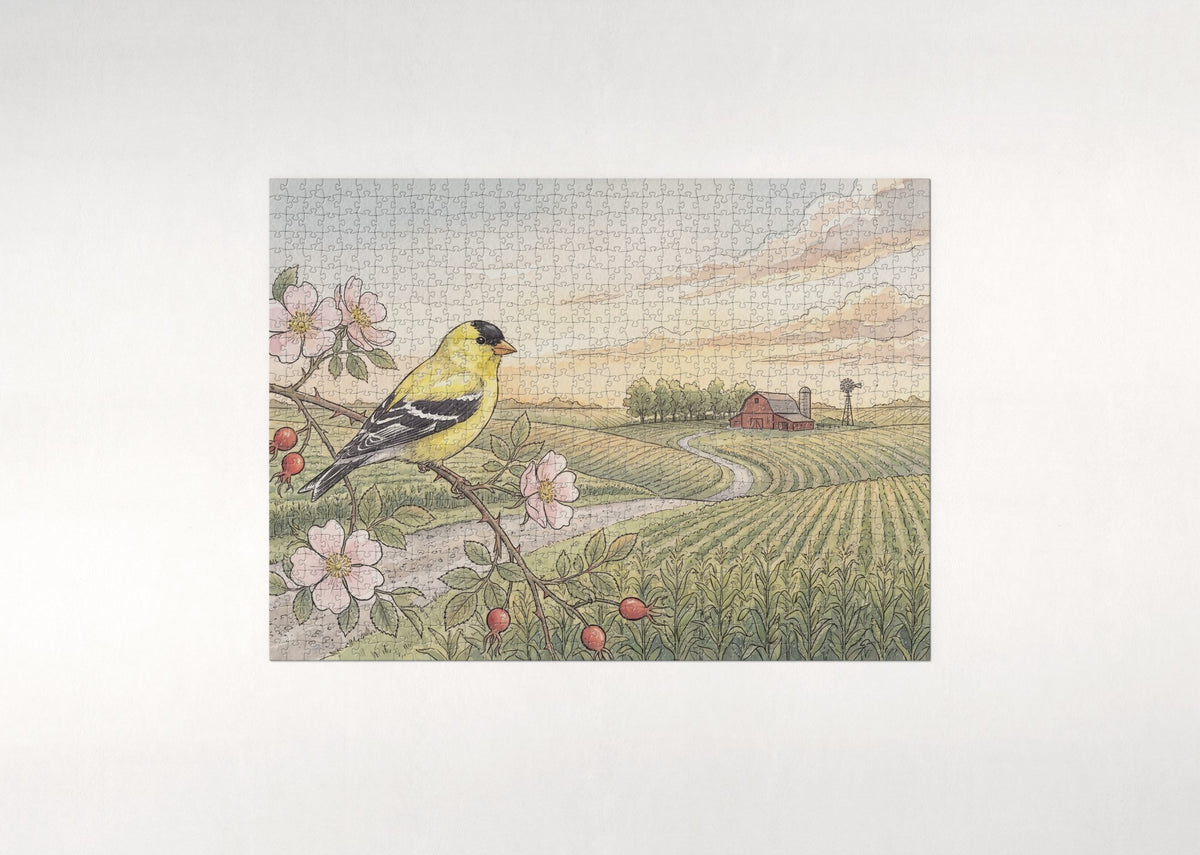 Iowa State Bird and Flower: Eastern Goldfinch and Wild Prairie Rose jigsaw puzzle - flat puzzle
