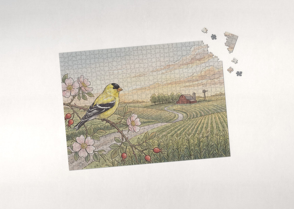 Iowa State Bird and Flower: Eastern Goldfinch and Wild Prairie Rose jigsaw puzzle - puzzle with loose pieces