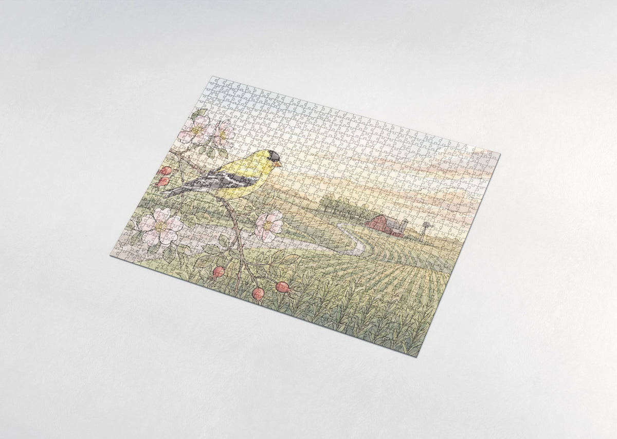 Iowa State Bird and Flower: Eastern Goldfinch and Wild Prairie Rose jigsaw puzzle - assembled puzzle