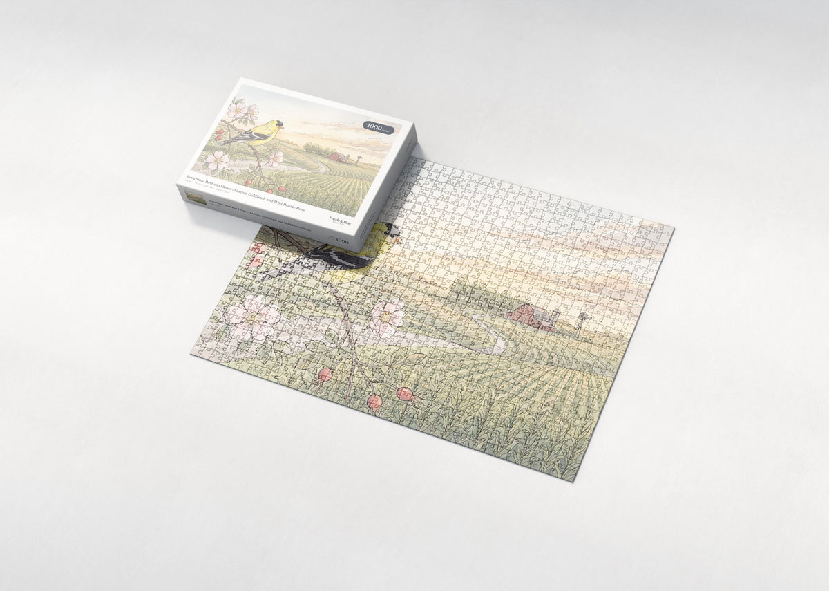 Iowa State Bird and Flower: Eastern Goldfinch and Wild Prairie Rose jigsaw puzzle - box and puzzle
