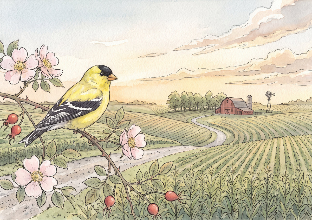 Iowa State Bird and Flower: Eastern Goldfinch and Wild Prairie Rose jigsaw puzzle