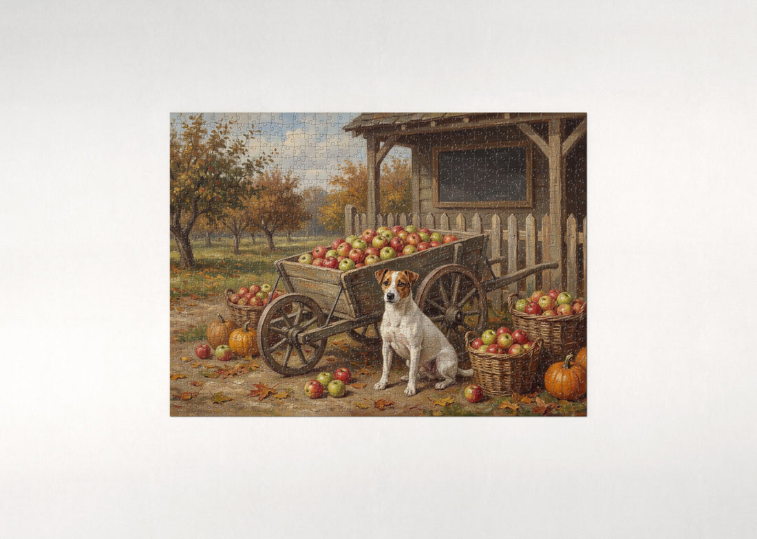Jack Russell by the Autumn Apple Cart jigsaw puzzle - gift box