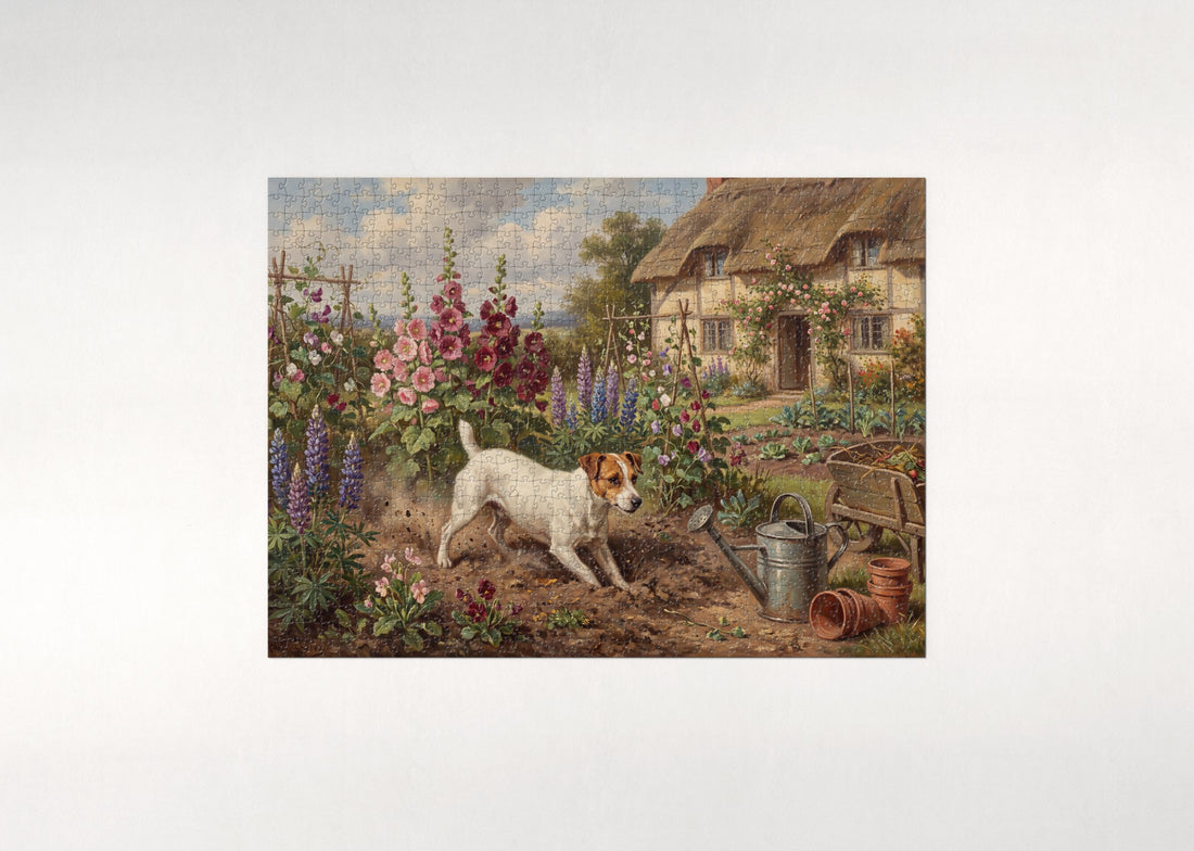 Jack Russell Digging in the Cottage Garden jigsaw puzzle - gift box