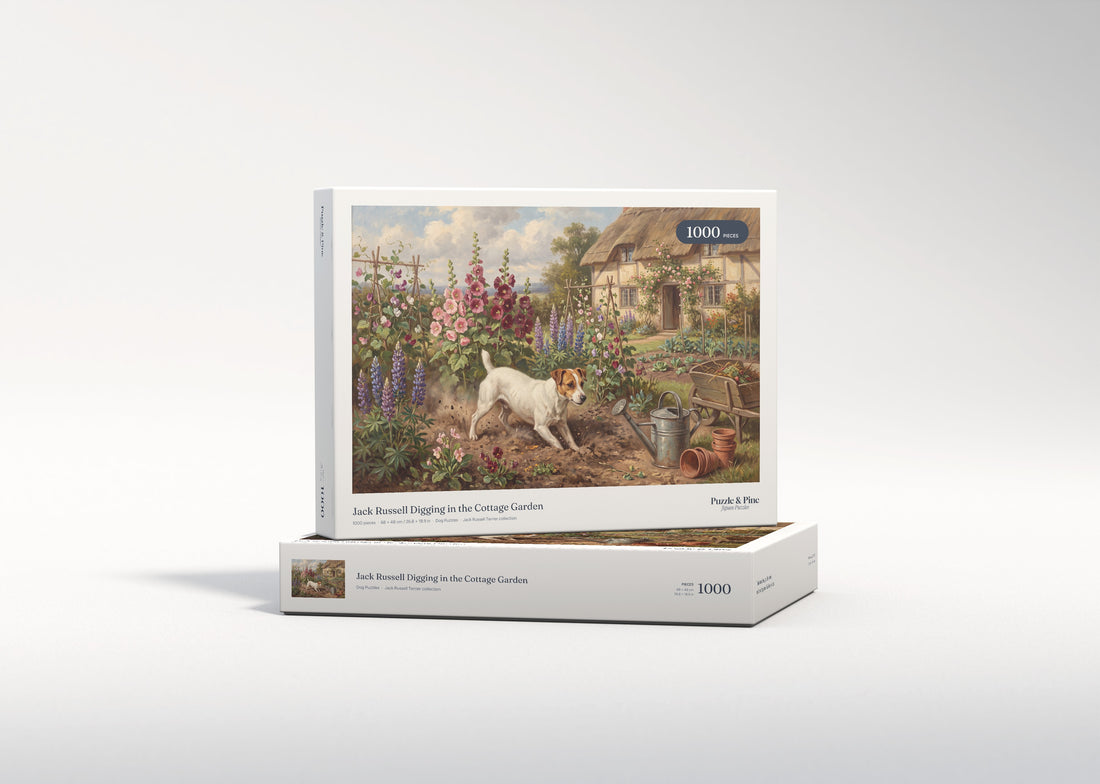 Jack Russell Digging in the Cottage Garden jigsaw puzzle - gift box