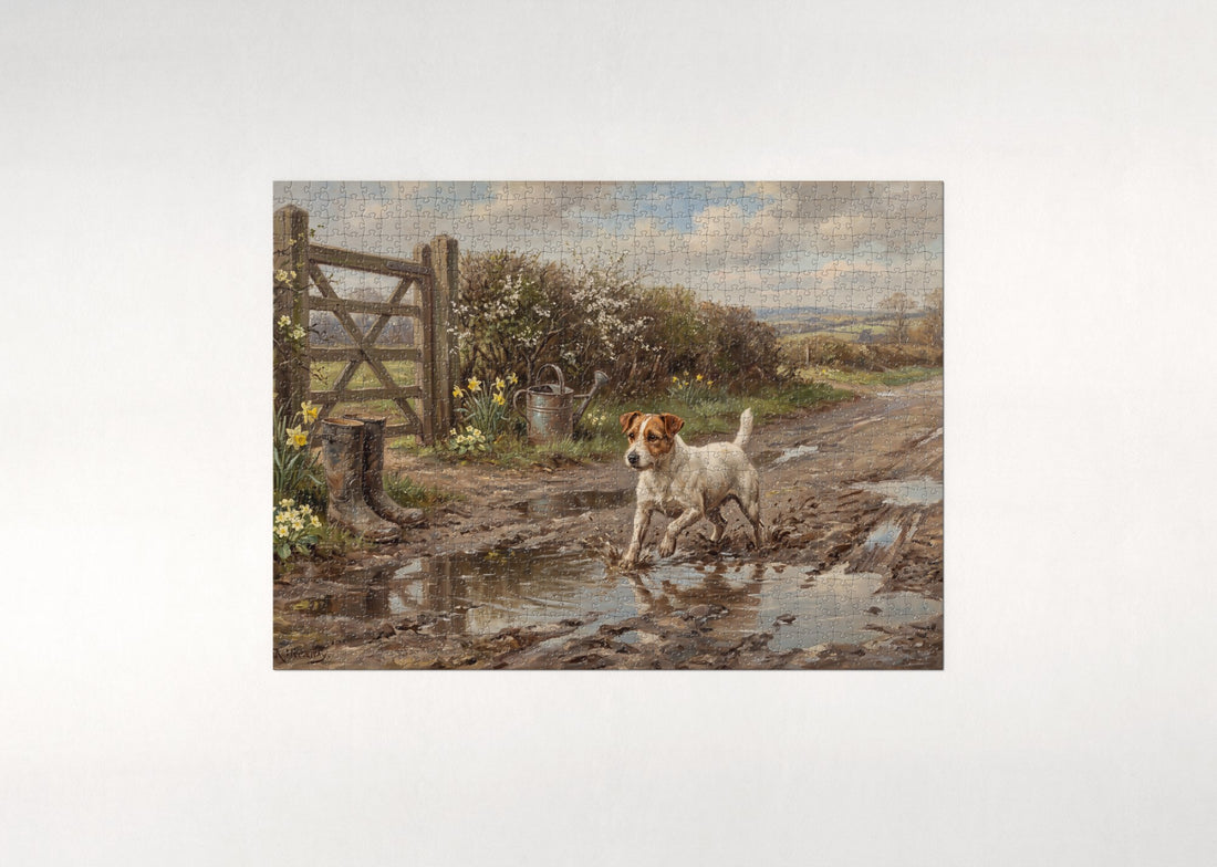 Jack Russell in the Spring Mud Puddles jigsaw puzzle - gift box