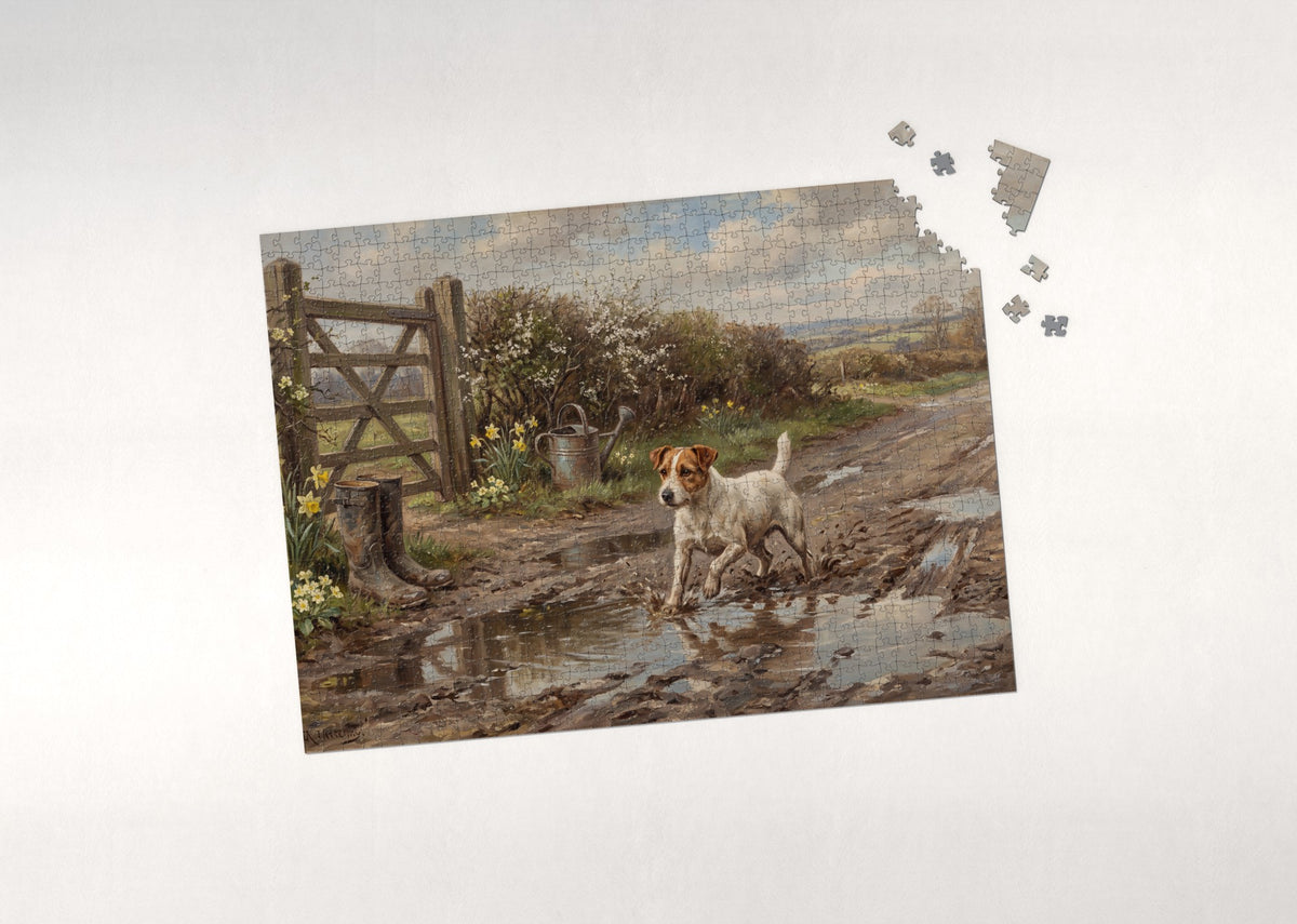 Jack Russell in the Spring Mud Puddles jigsaw puzzle - puzzle with loose pieces