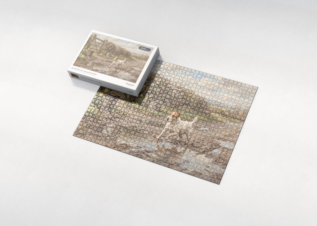 Jack Russell in the Spring Mud Puddles jigsaw puzzle - box and puzzle