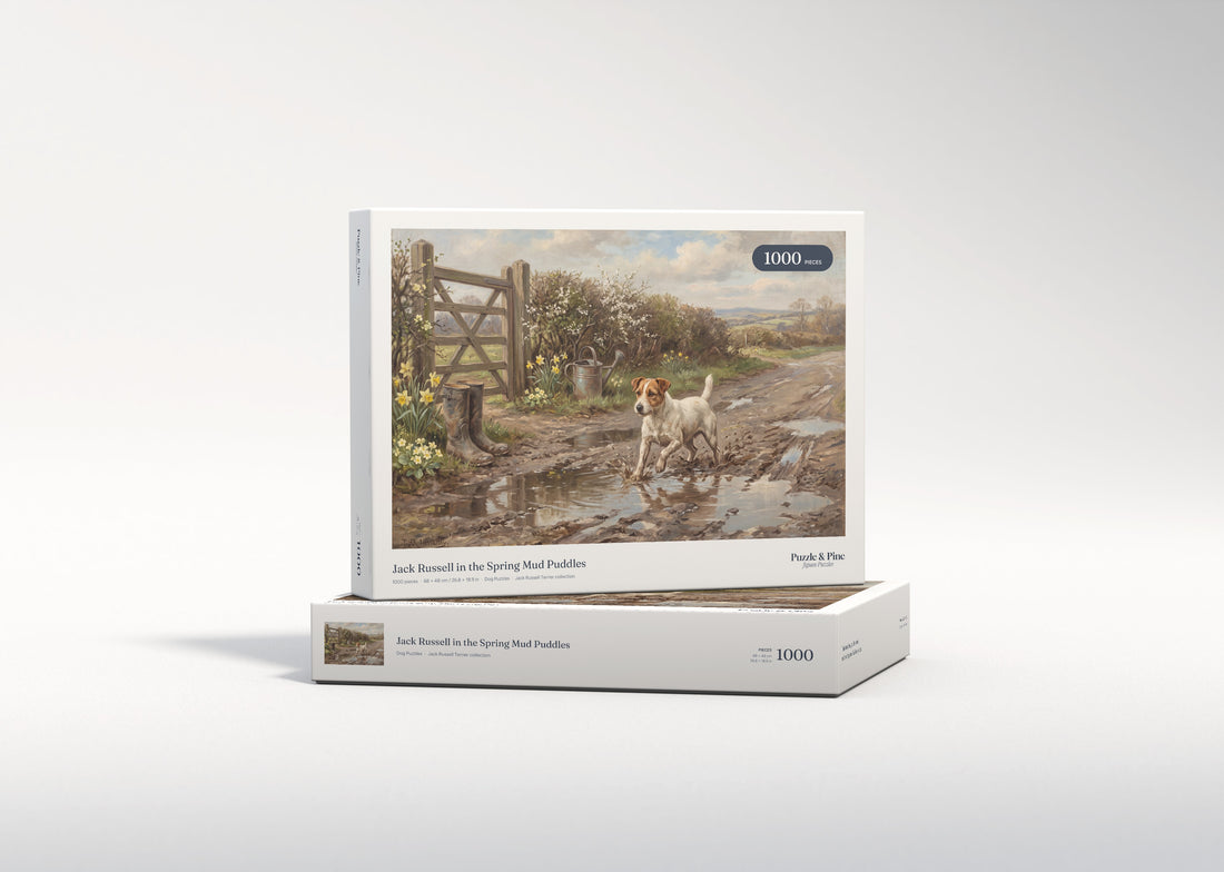 Jack Russell in the Spring Mud Puddles jigsaw puzzle - gift box