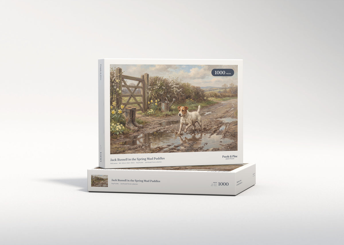 Jack Russell in the Spring Mud Puddles jigsaw puzzle - gift box