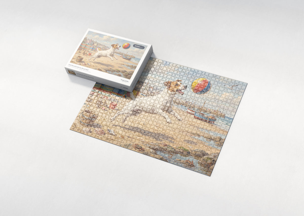 Jack Russell with the Beach Ball jigsaw puzzle - box and puzzle