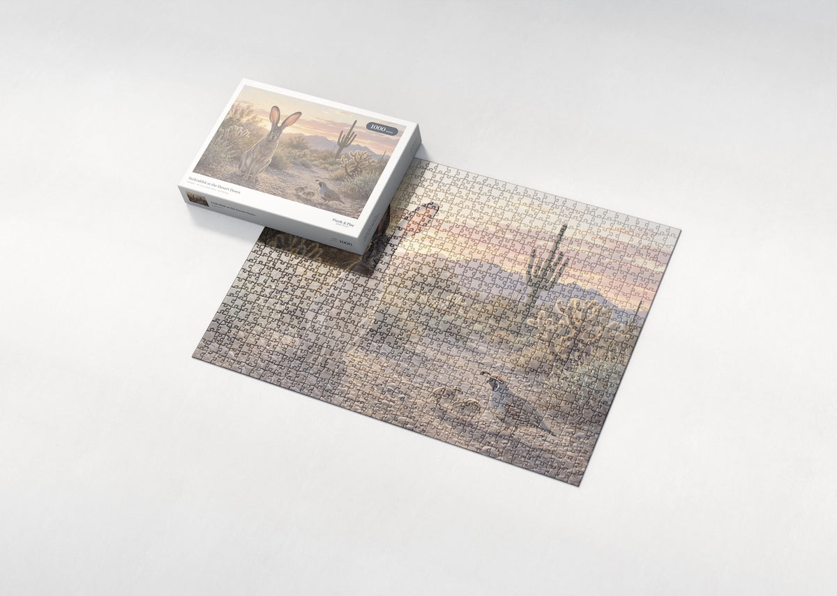 Jackrabbit at the Desert Dawn jigsaw puzzle - box and puzzle